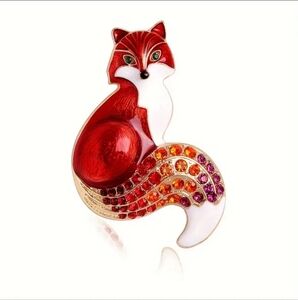 Fashion Jewelry Fox Metal Brooch Rhinestone Bushy Tail Red Orange